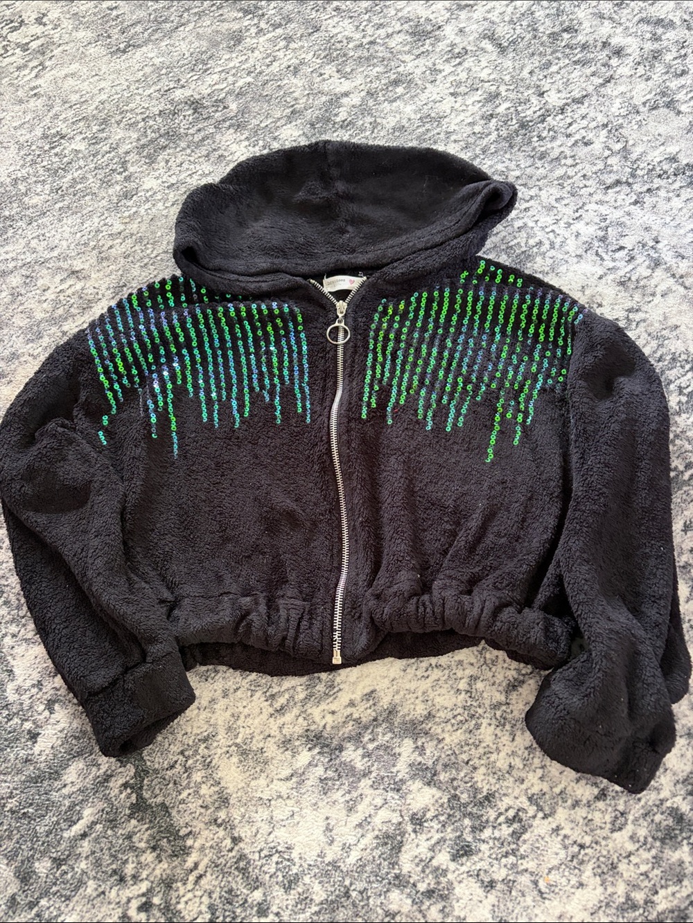 Beautees Black Hooded Sequin Fuzzy Jacket with Green and Blue Accents